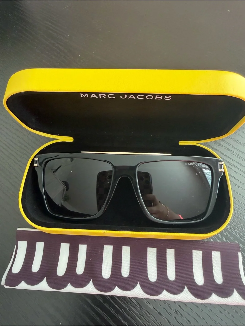 Marc Jacobs Black Gloss Oversized Square Sunglasses with Yellow Case